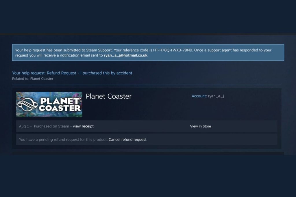 Steam Game Refund Request Submitted